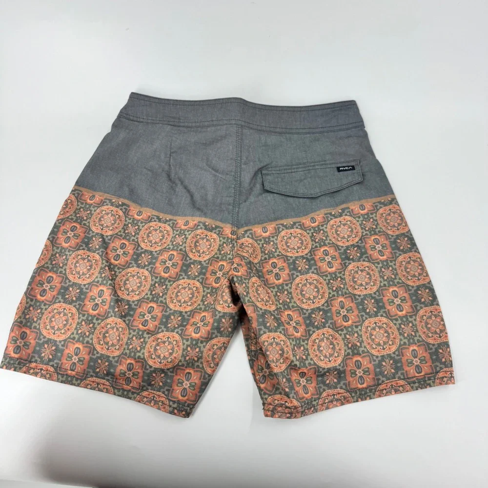 RVCA Men's Board Shorts Size 28 Gray Orange‎ Pattern Swim Trunks